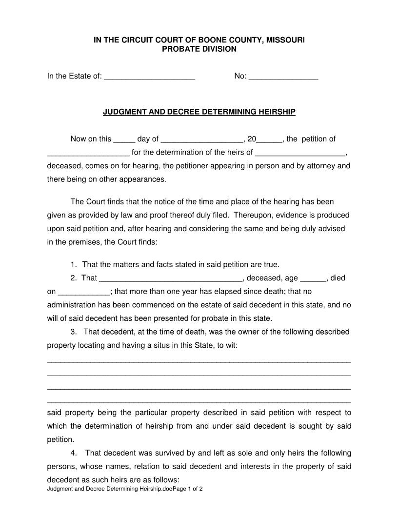 Judgment And Decree Determining Heirship | Pdf Fpdf Docx | Missouri