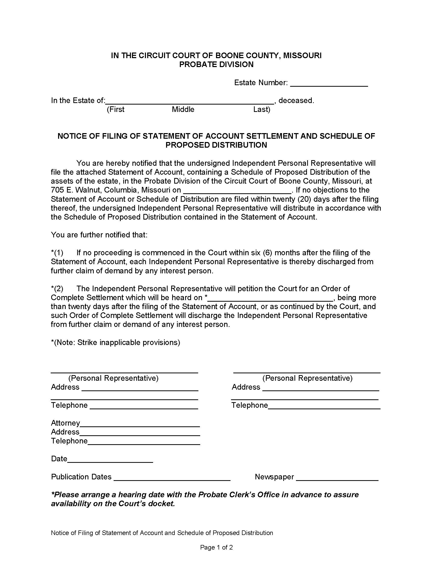 Notice Of Filing Of Statement Of Account | Pdf Fpdf Docx | Missouri