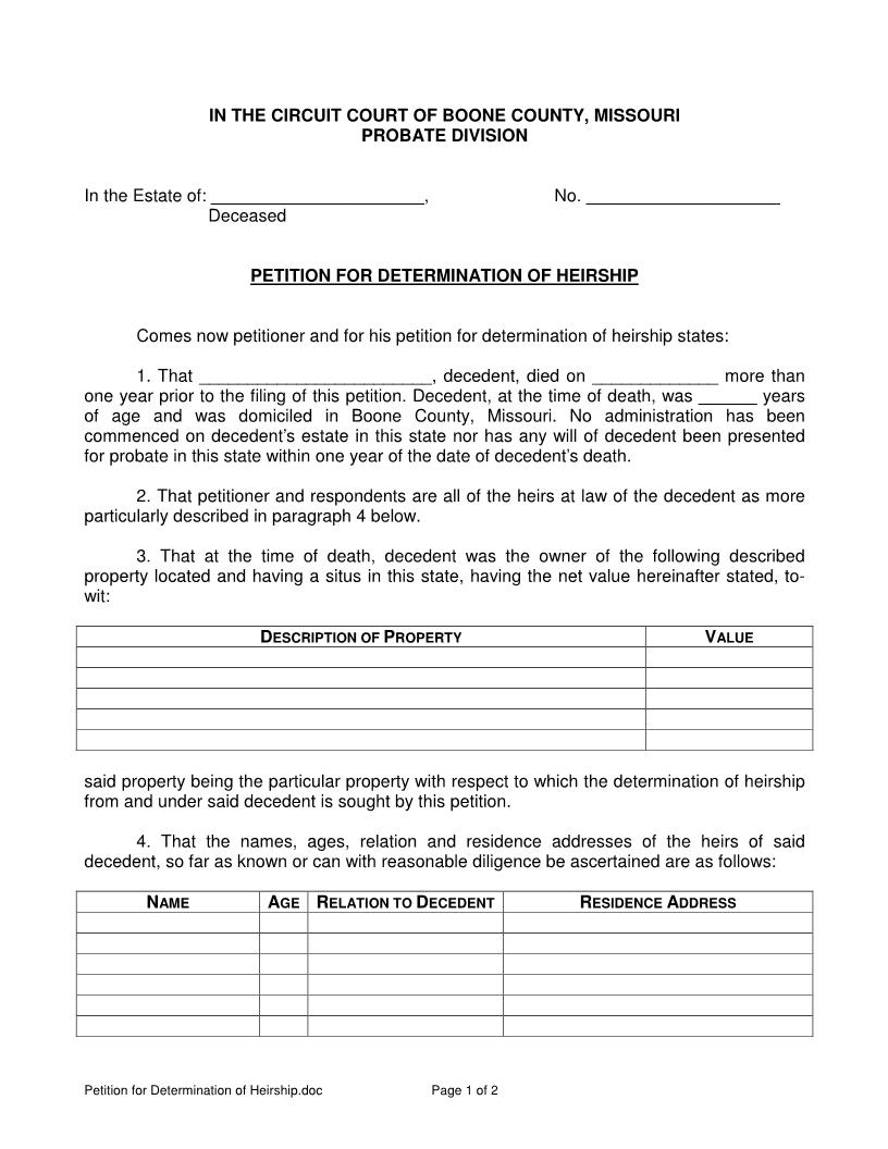 Petition For Determination Of Heirship | Pdf Fpdf Docx | Missouri