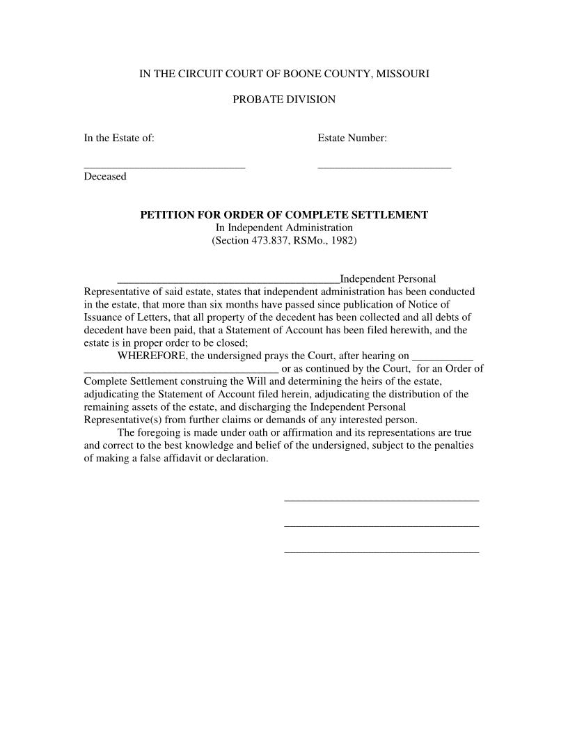 Petition For Order Of Complete Settlement | Pdf Fpdf Docx | Missouri