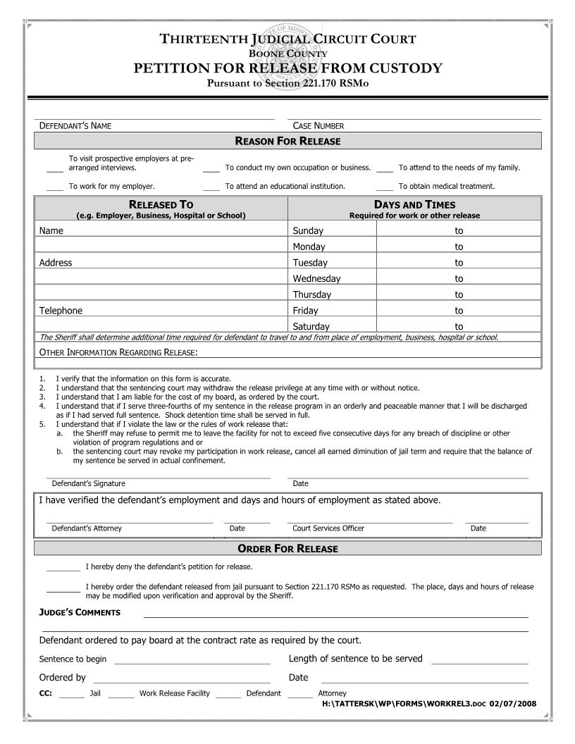 Petition For Work Release | Pdf Fpdf Docx | Missouri