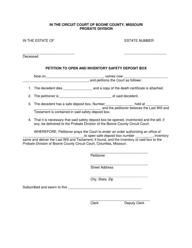 Petition To Open And Inventory Safe Deposit Box | Pdf Fpdf Docx | Missouri
