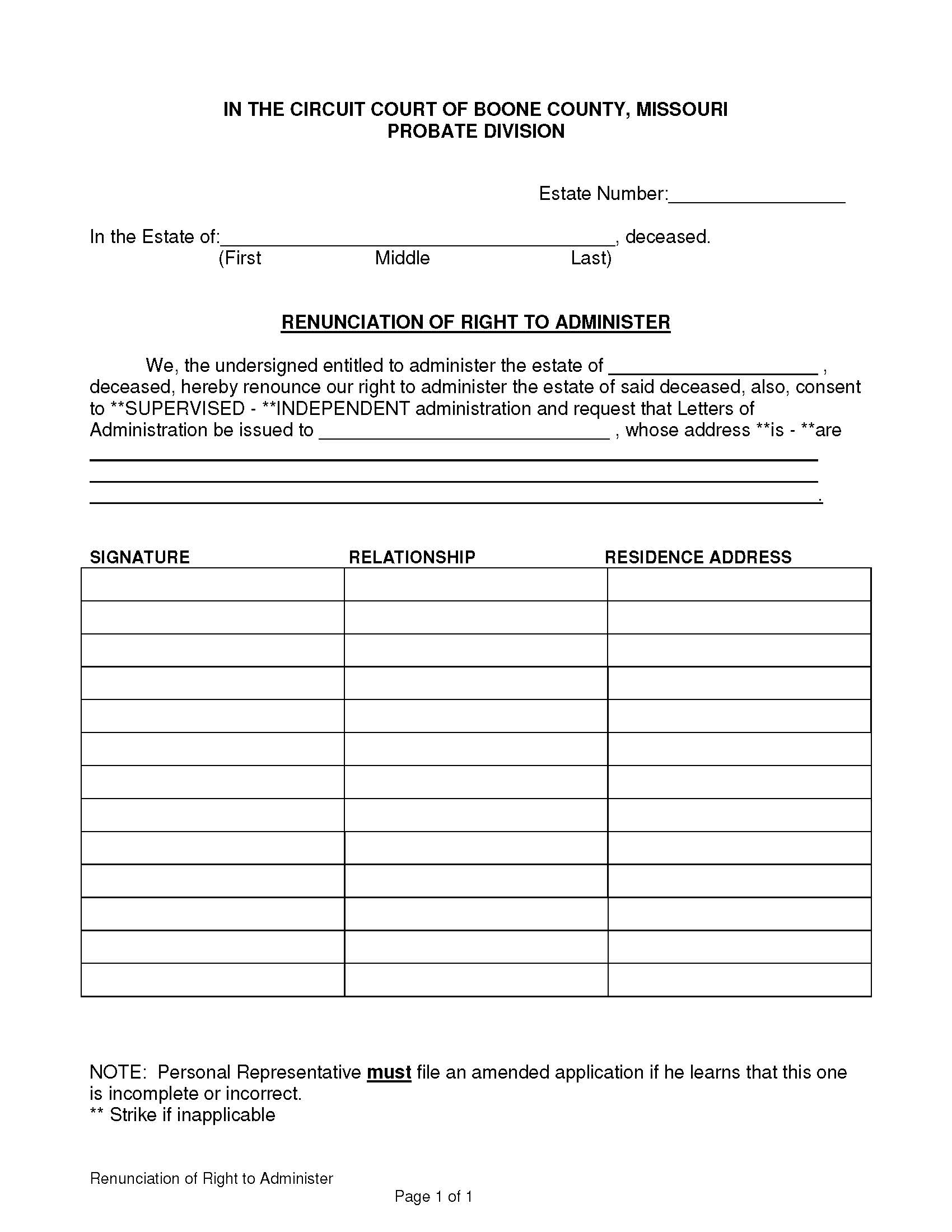 Renunciation Of Right To Administer | Pdf Fpdf Docx | Missouri