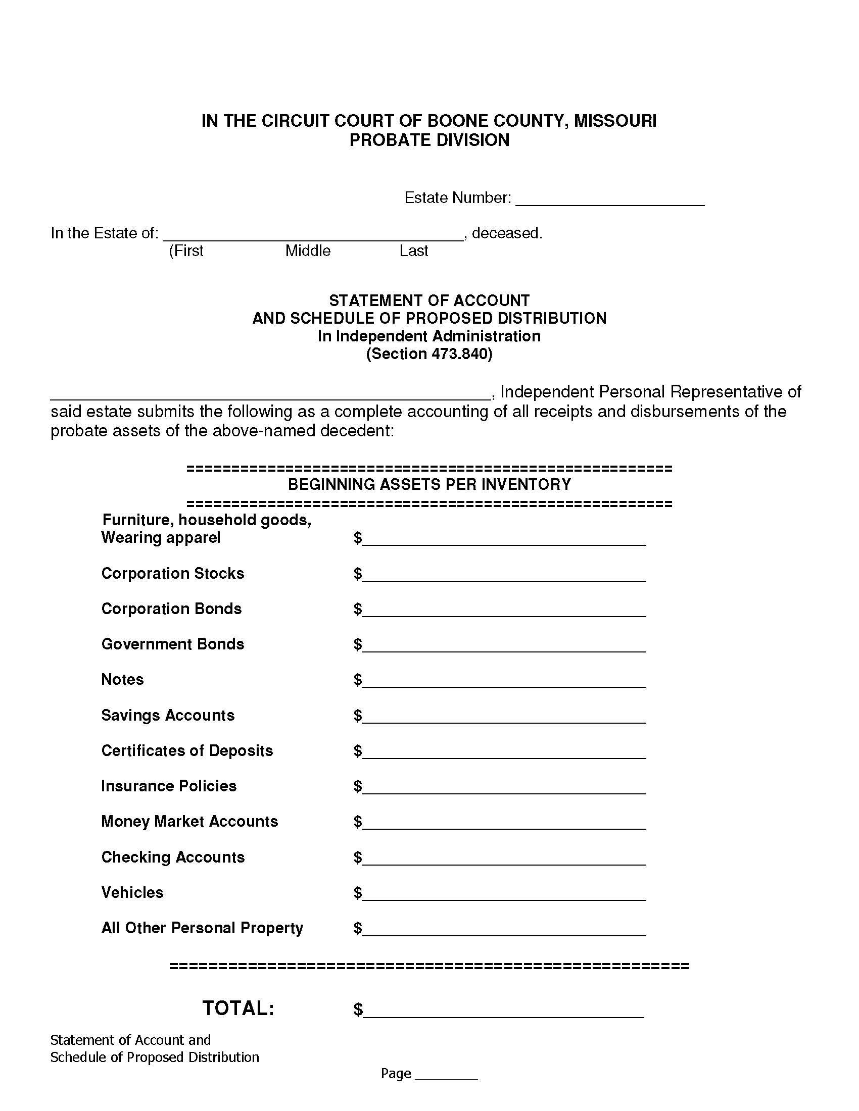 Statement Of Account And Proposed Distribution | Pdf Fpdf Docx | Missouri