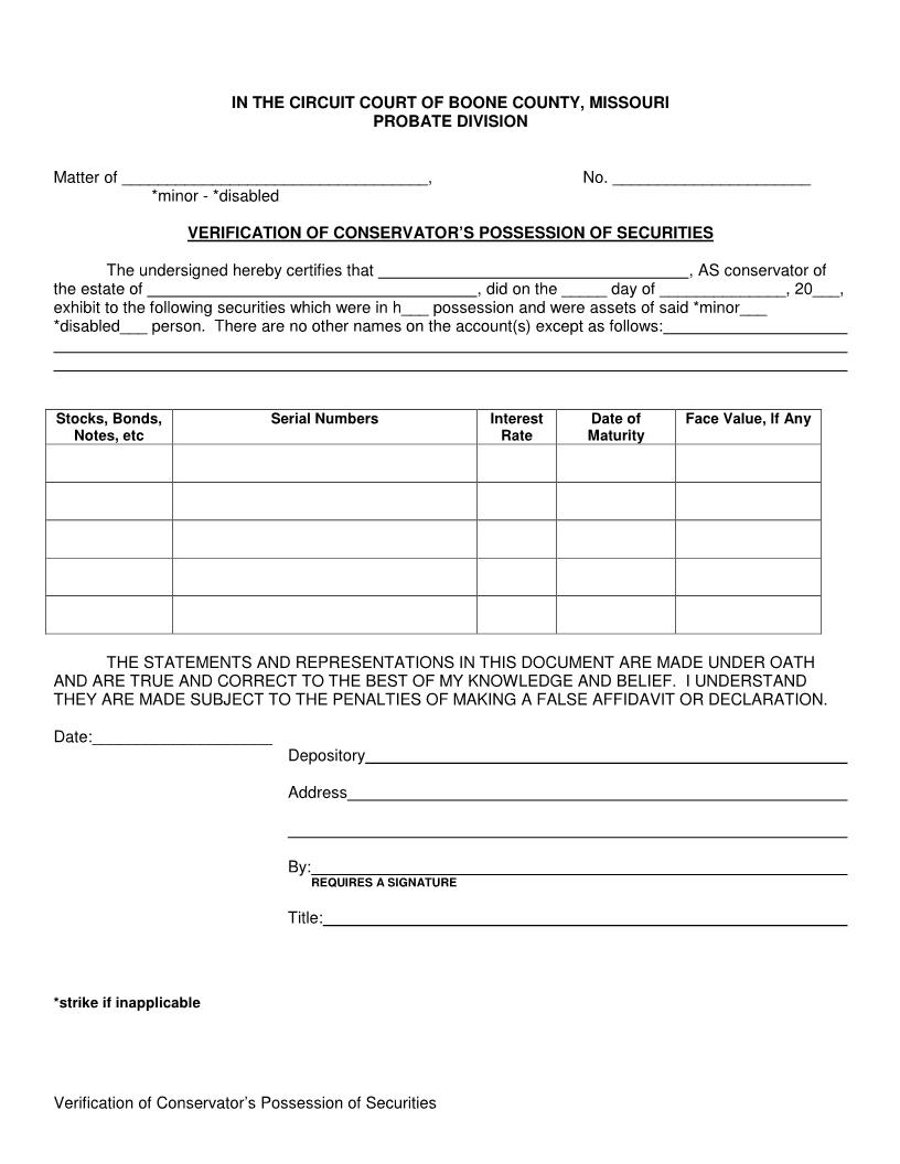 Verification Of Conservators Possession Of Securities | Pdf Fpdf Docx | Missouri