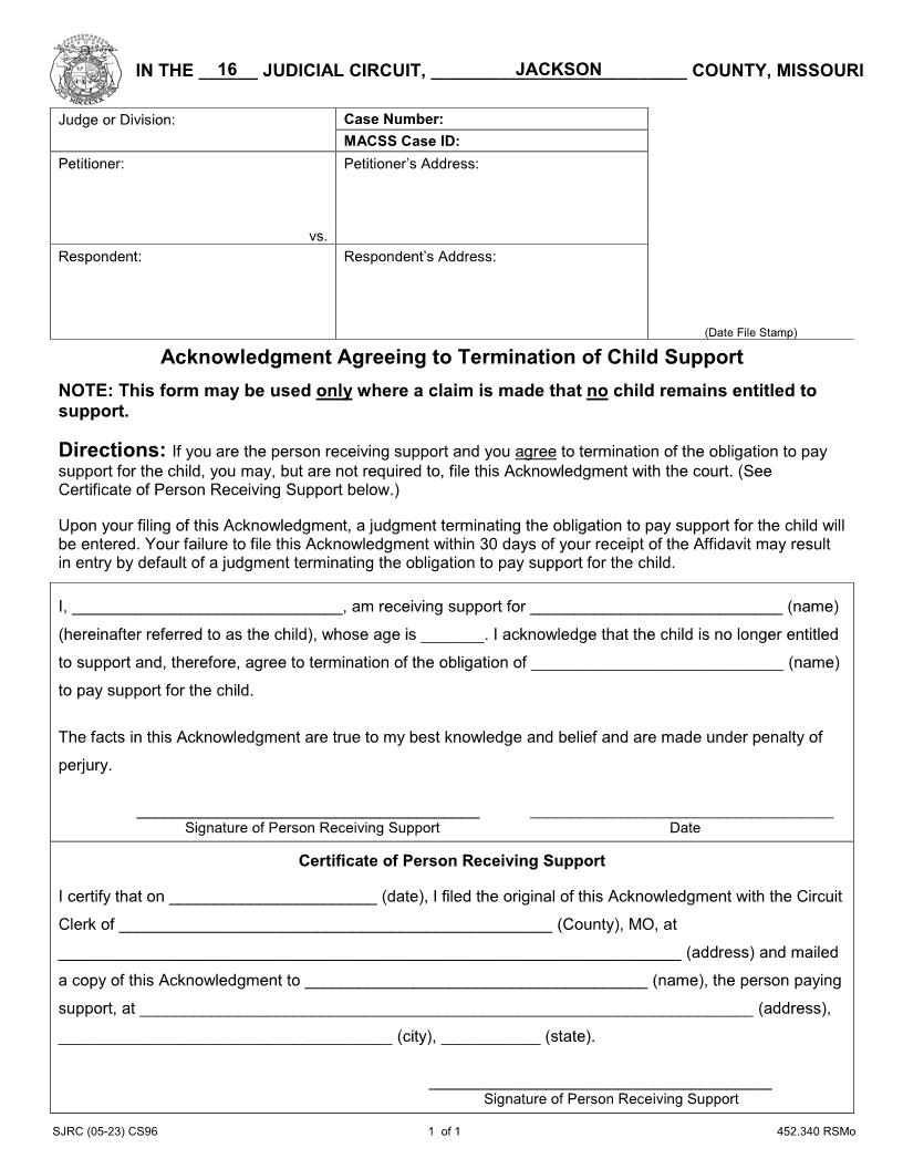 Acknowledgement - Answer To Affidavit For Termination Of Child Support And Modification | Pdf Fpdf Doc Docx | Missouri