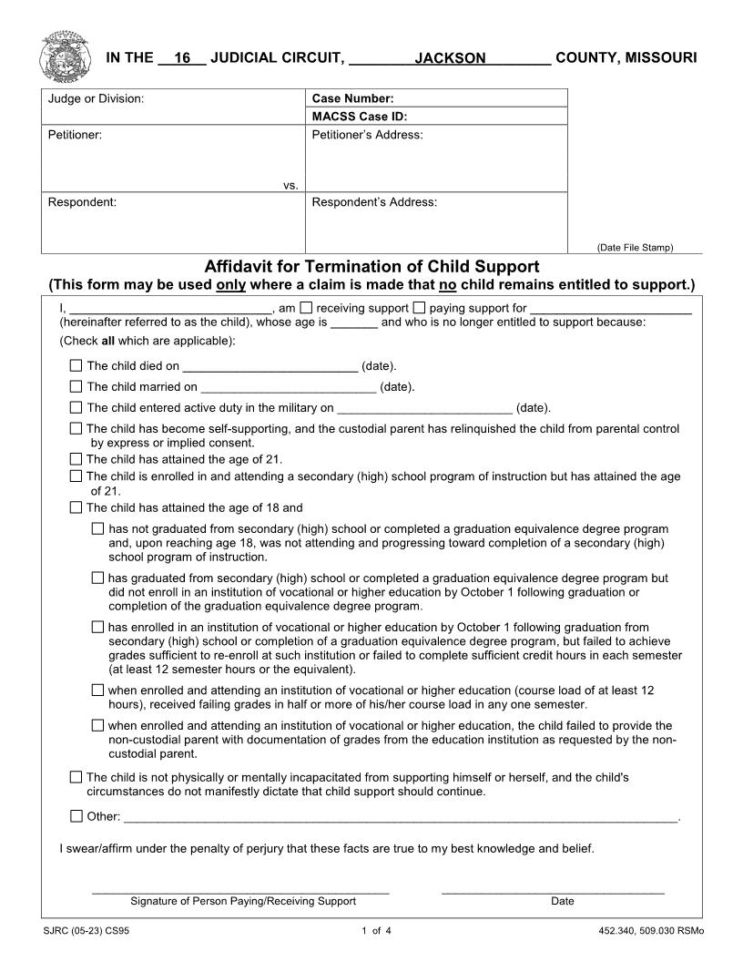 Affidavit For Termination Of Child Support And Modification | Pdf Fpdf Doc Docx | Missouri