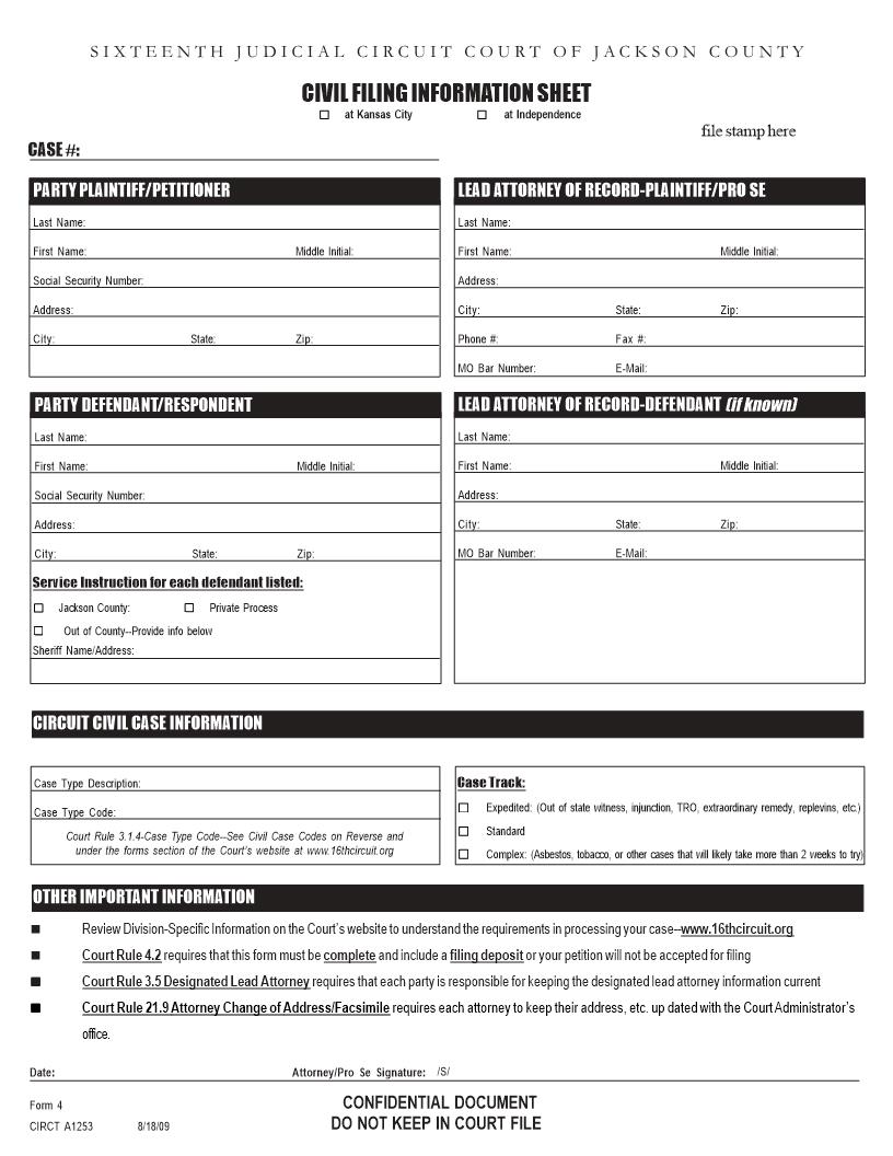 Civil Filing Information Sheet (Form 4) {4} | Pdf Fpdf Docx | Missouri