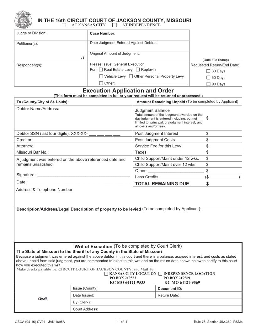 Execution Application And Order (Levy) {CV91} | Pdf Fpdf Docx | Missouri