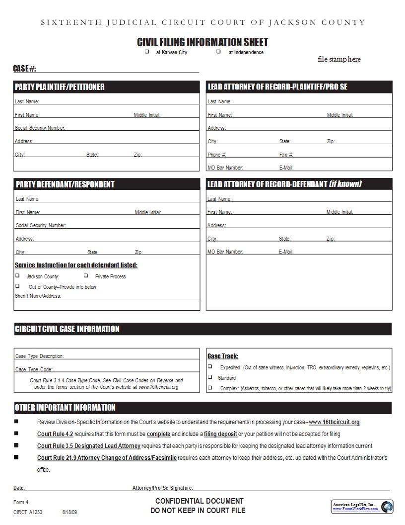 Form 4 Civil Filing Information Sheet {4} |  | Missouri