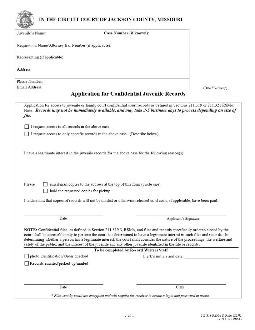 Application For Juvenile Records | Pdf Fpdf Docx | Missouri