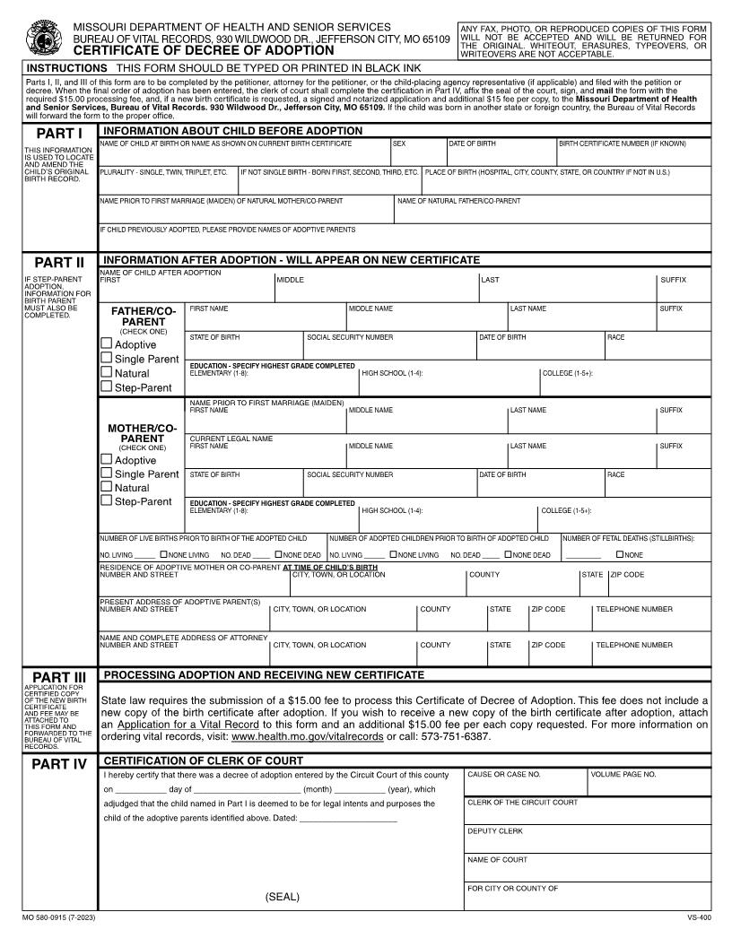 Certificate Of Decree Of Adoption | Pdf Fpdf Docx | Missouri
