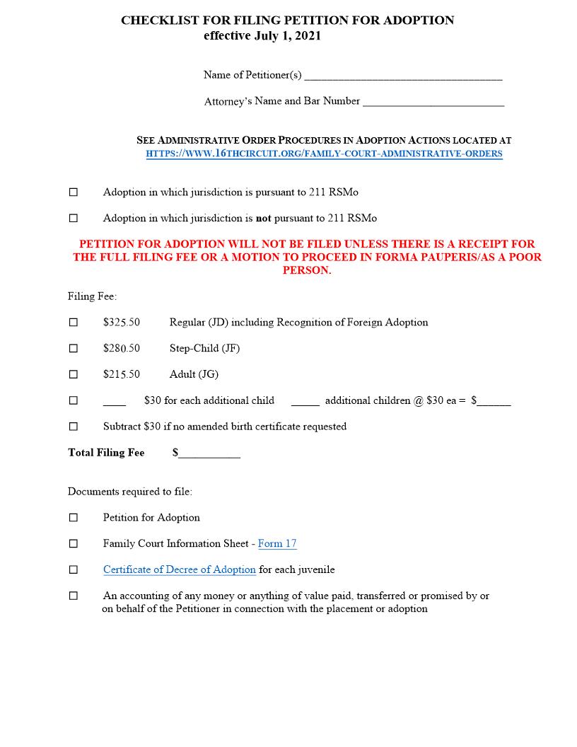 Checklist For Filing For Adoption | Pdf Fpdf Docx | Missouri