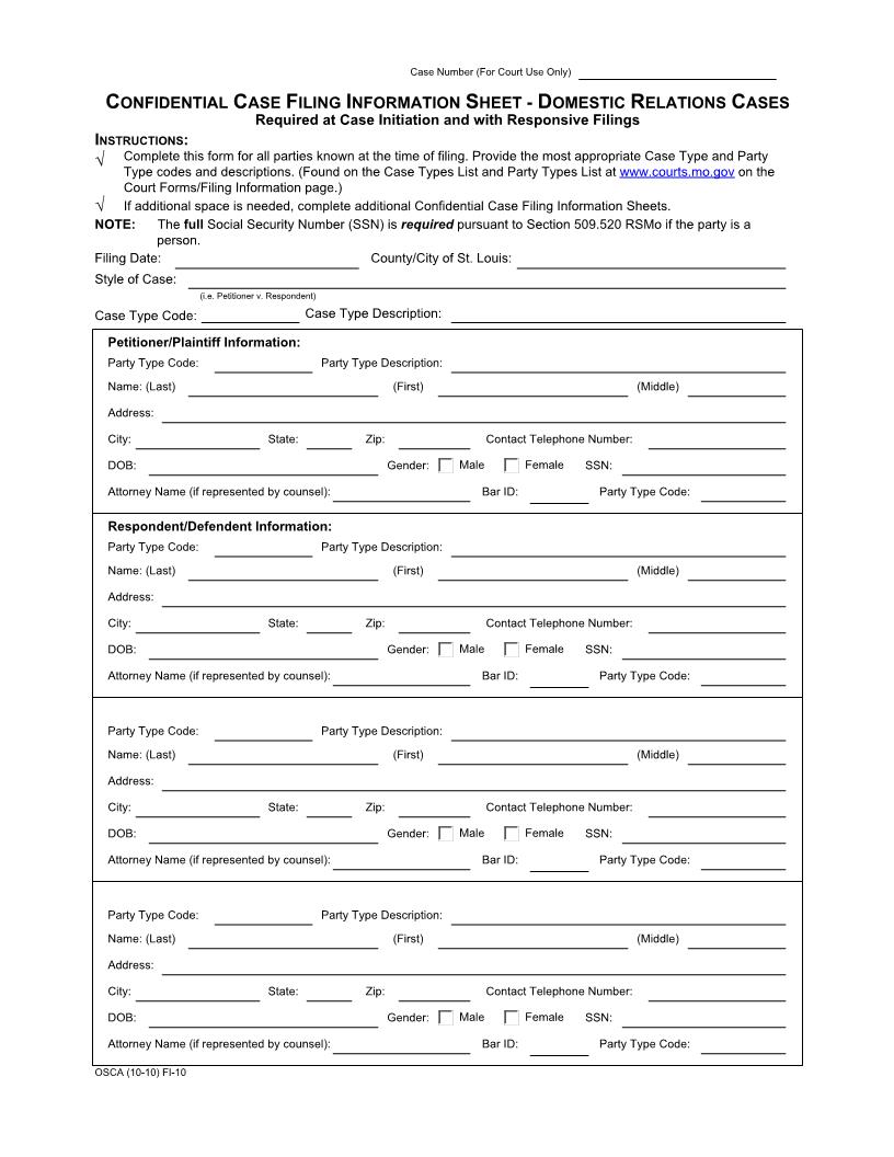 Confidential Case Filing Information Sheet | Pdf Fpdf Docx | Missouri