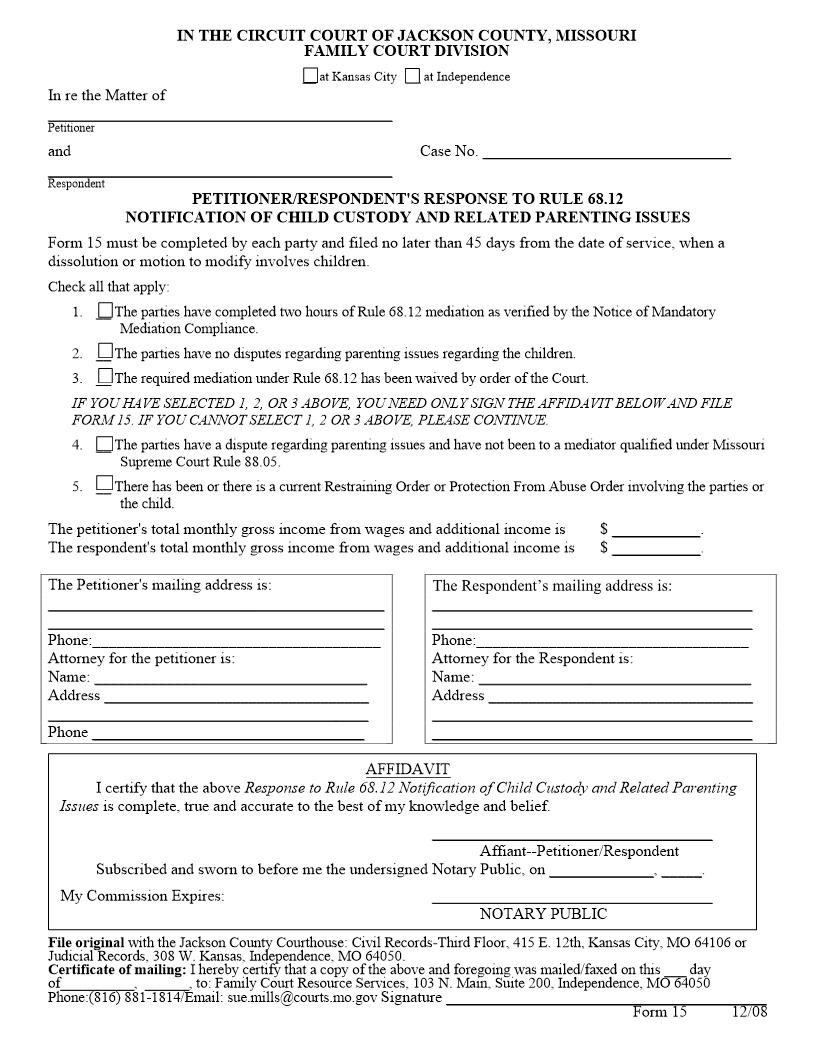 Response To Notification Of Child Custody And Parenting Issues | Pdf Fpdf Docx | Missouri