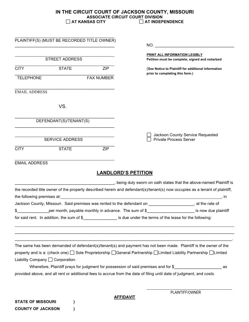 Landlords Petition | Pdf Fpdf Docx | Missouri