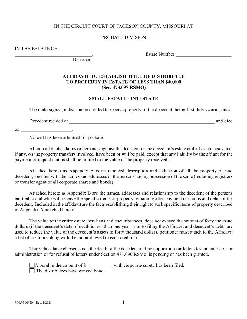 Affidavit To Establish Title Of Distributee To Property In Estate Of Less Than 40K Intestate {10620} | Pdf Fpdf Doc Docx | Missouri