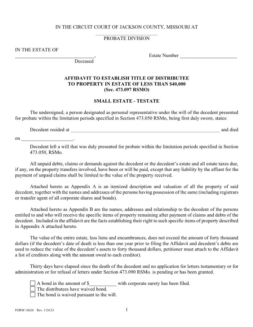 Affidavit To Establish Title Of Distributee To Property In Estate Of Less Than 40K Testate {10620} | Pdf Fpdf Docx | Missouri