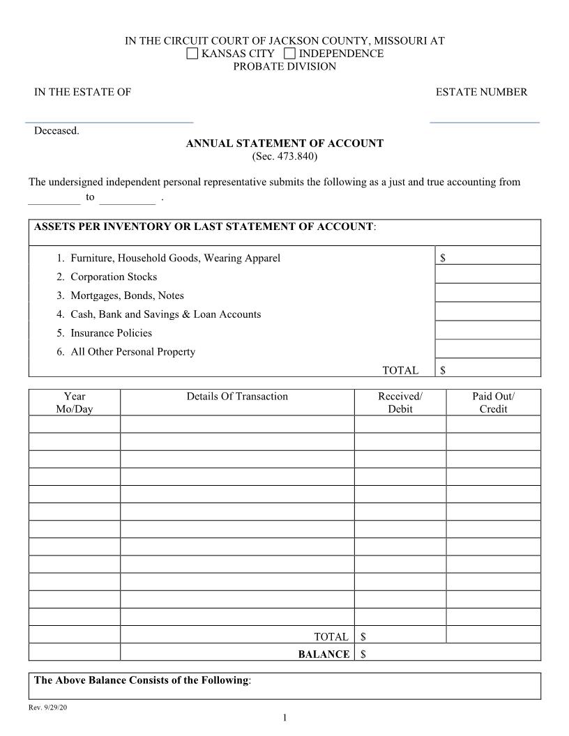 Annual Statement Of Account {10606a} | Pdf Fpdf Docx | Missouri