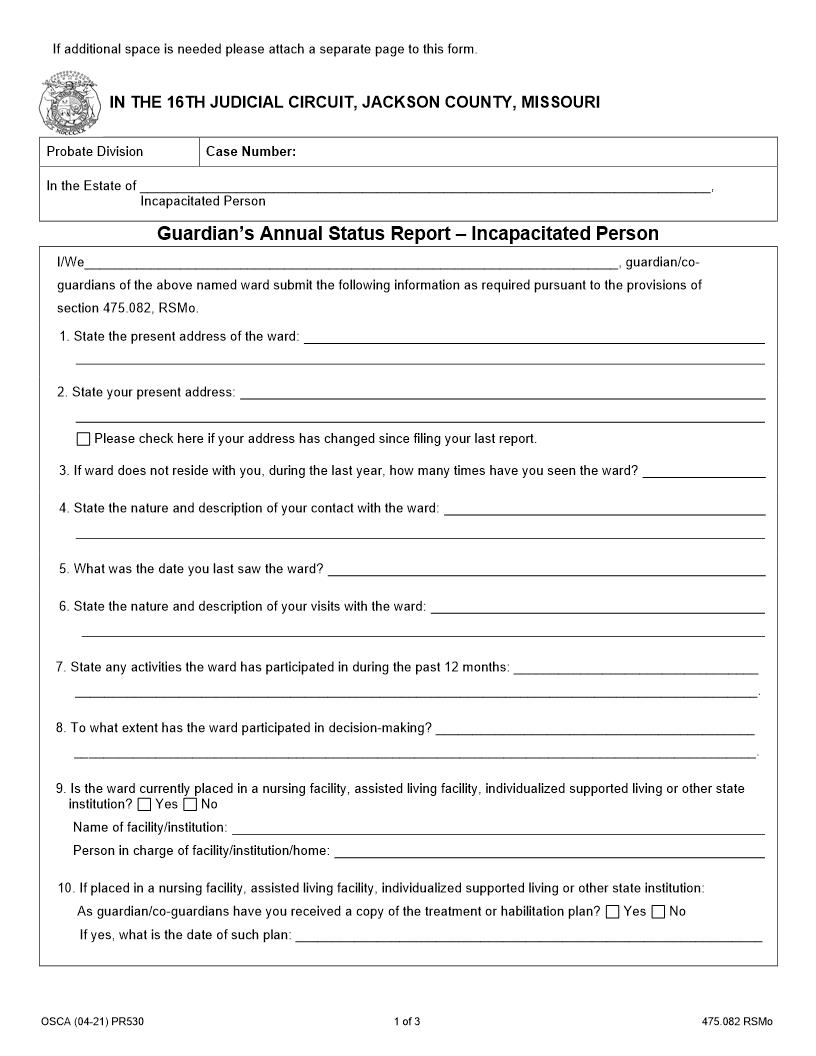 Annual Status Report Of Guardian {PR530} | Pdf Fpdf Docx | Missouri