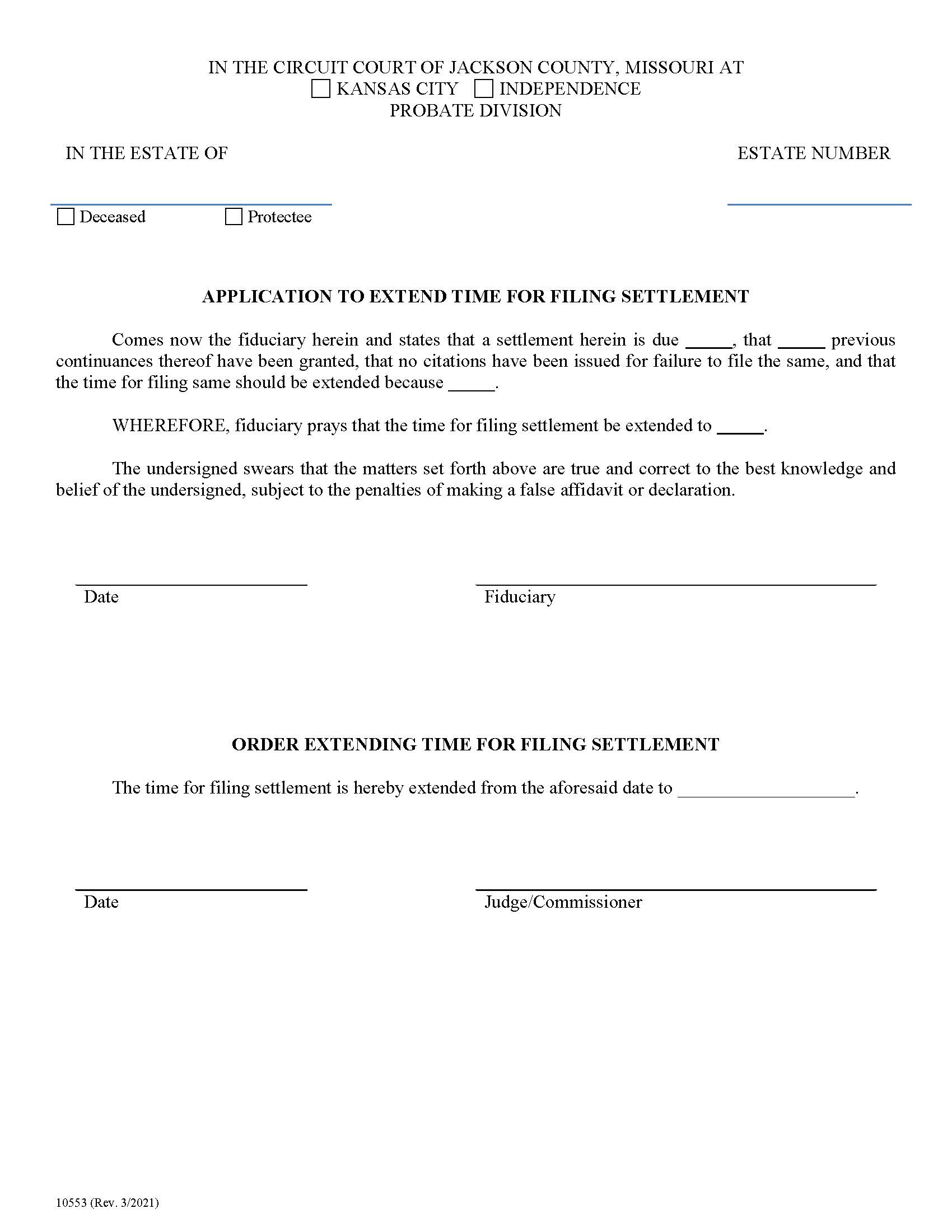 Application And Order To Extend Time For Filing Settlement {10553} | Pdf Fpdf Doc Docx | Missouri