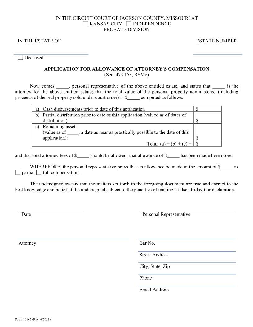 Application For Allowance Of Attorneys Compensation {10162} | Pdf Fpdf Doc Docx | Missouri