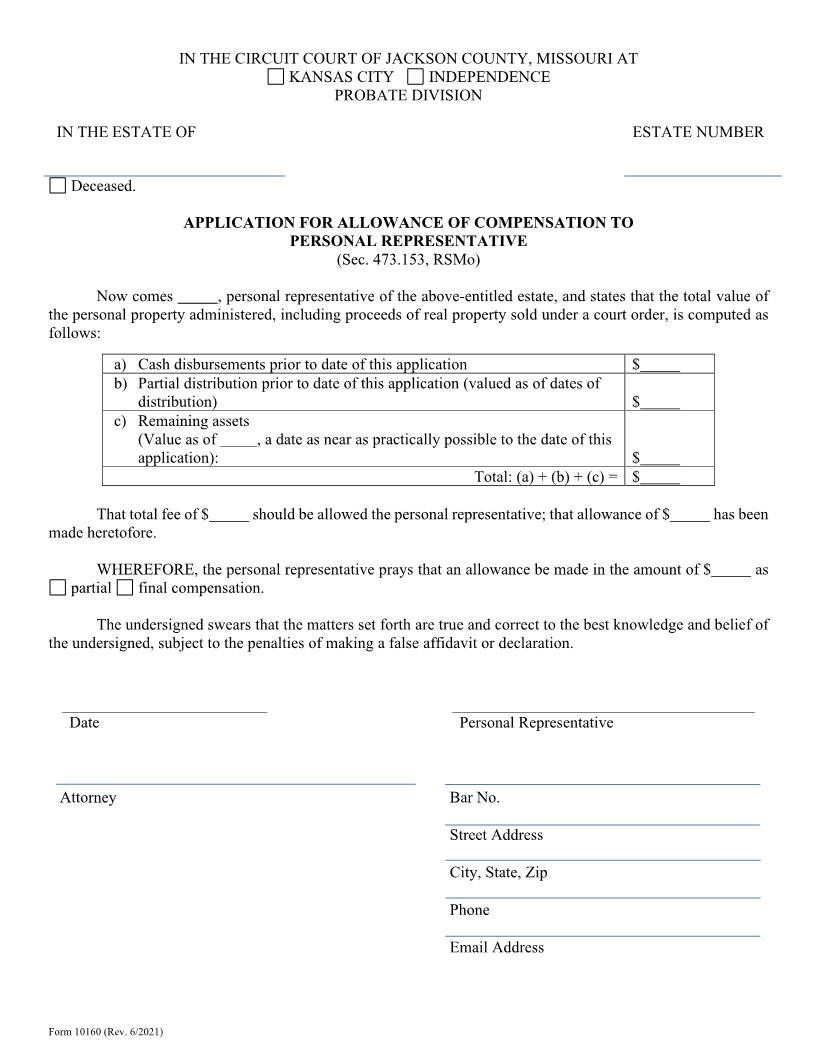 Application For Allowance Of Compensation To Personal Representative {10160} | Pdf Fpdf Doc Docx | Missouri