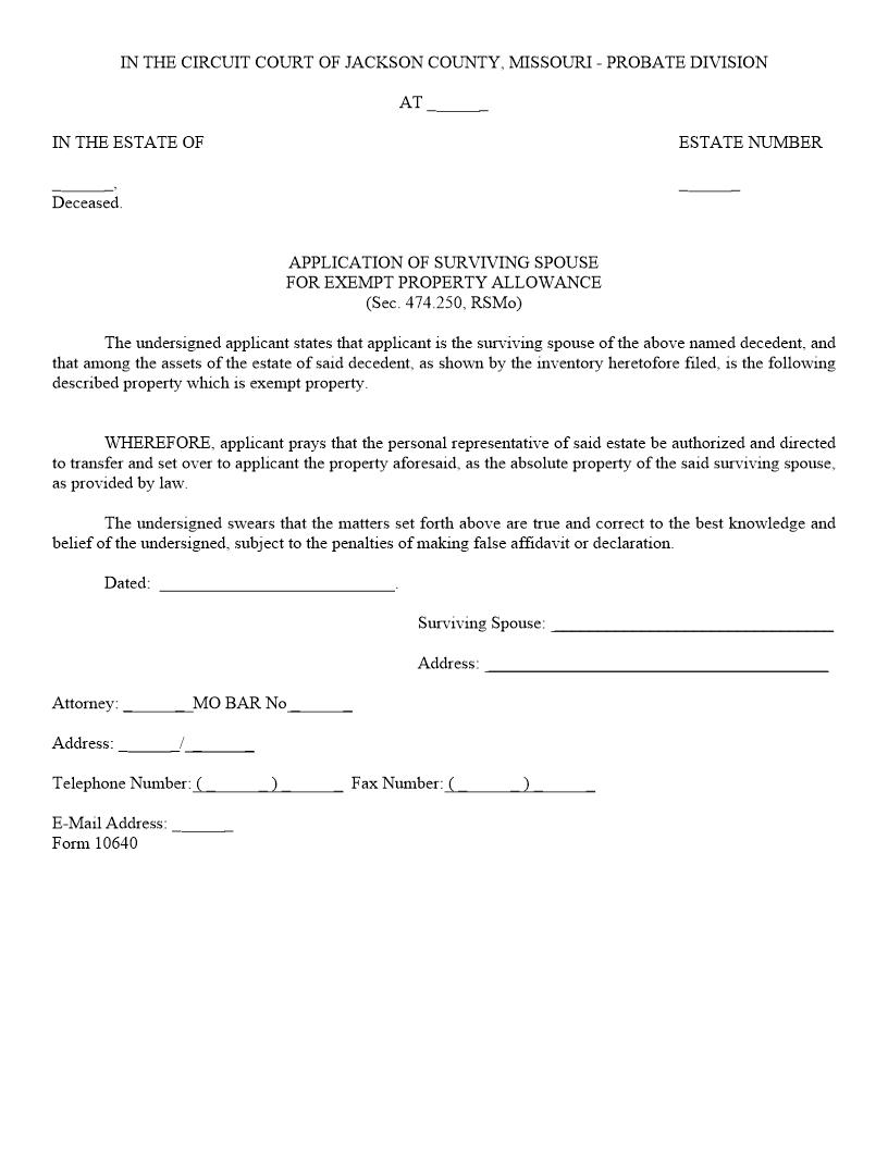 Application Of Surviving Spouse For Exempt Property Allowance {10640} | Pdf Fpdf Doc Docx | Missouri