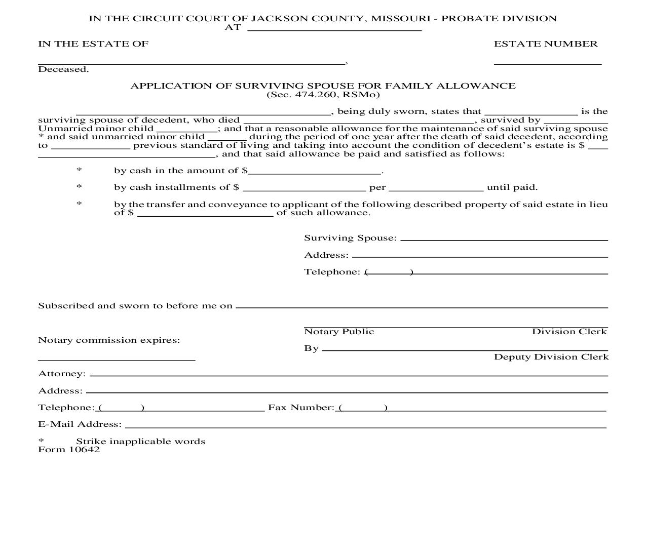 Application Of Surviving Spouse For Family Allowance {10642} | Pdf Fpdf Doc Docx | Missouri