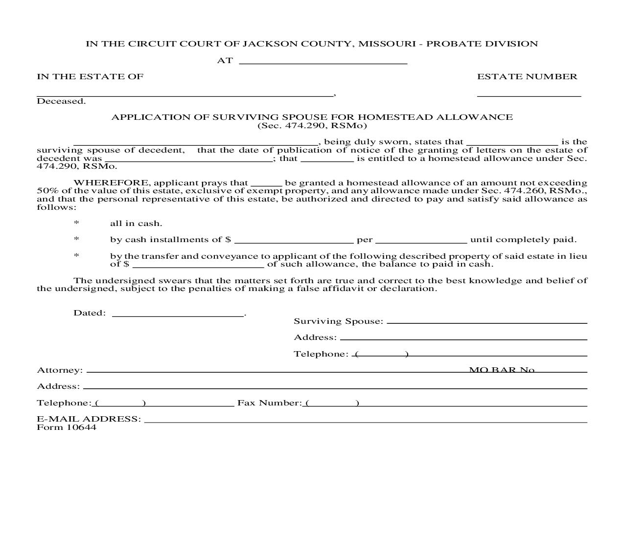 Application Of Surviving Spouse For Homestead Allowance {10644} | Pdf Fpdf Doc Docx | Missouri