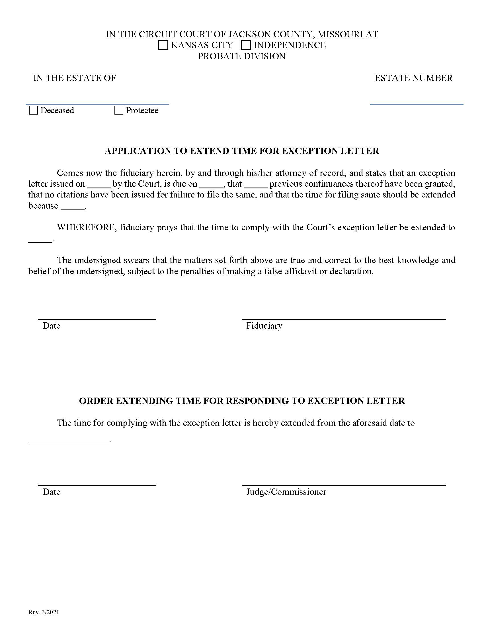 Application To Extend Time For Exception Letter | Pdf Fpdf Docx | Missouri