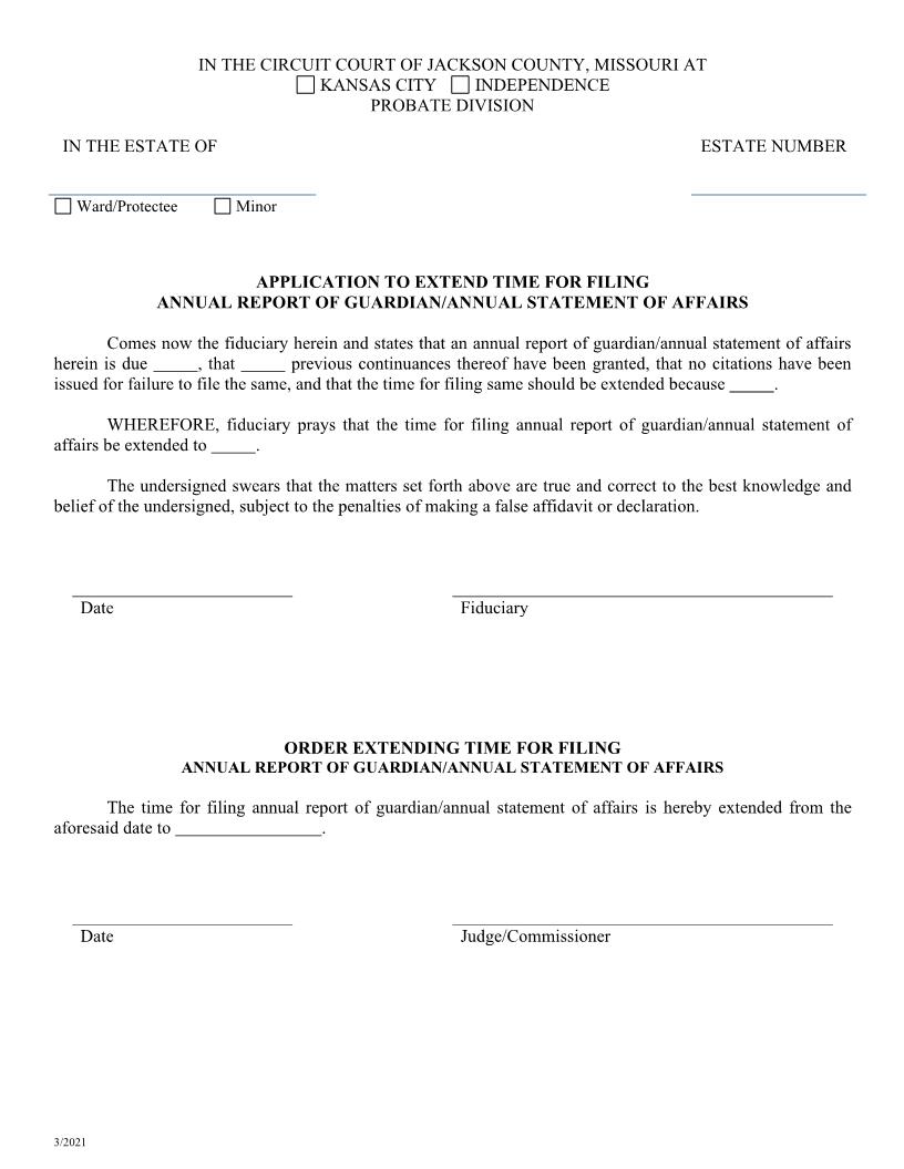 Application To Extend Time For Filing Annual Report Of Guardian | Pdf Fpdf Docx | Missouri