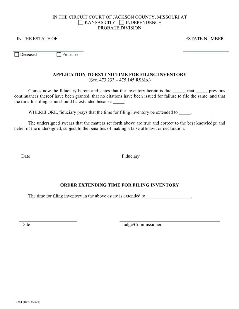 Application To Extend Time For Filing Inventory {10264} | Pdf Fpdf Doc Docx | Missouri