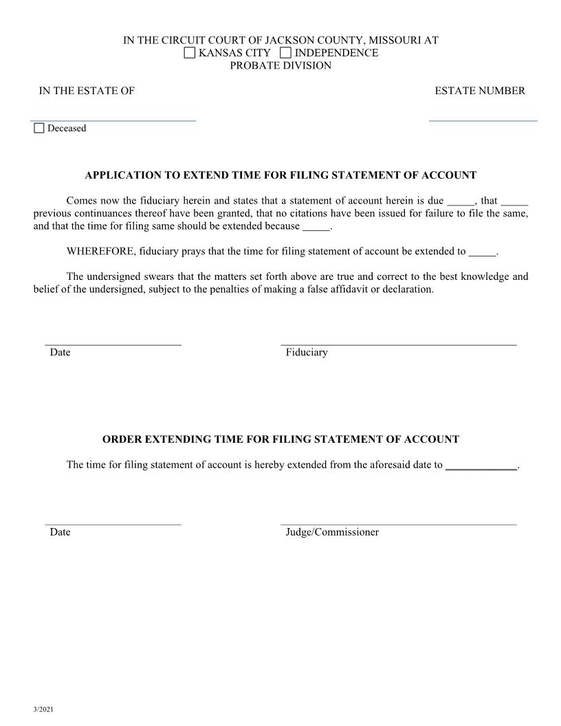 Application To Extend Time For Filing Statement Of Account | Pdf Fpdf Docx | Missouri