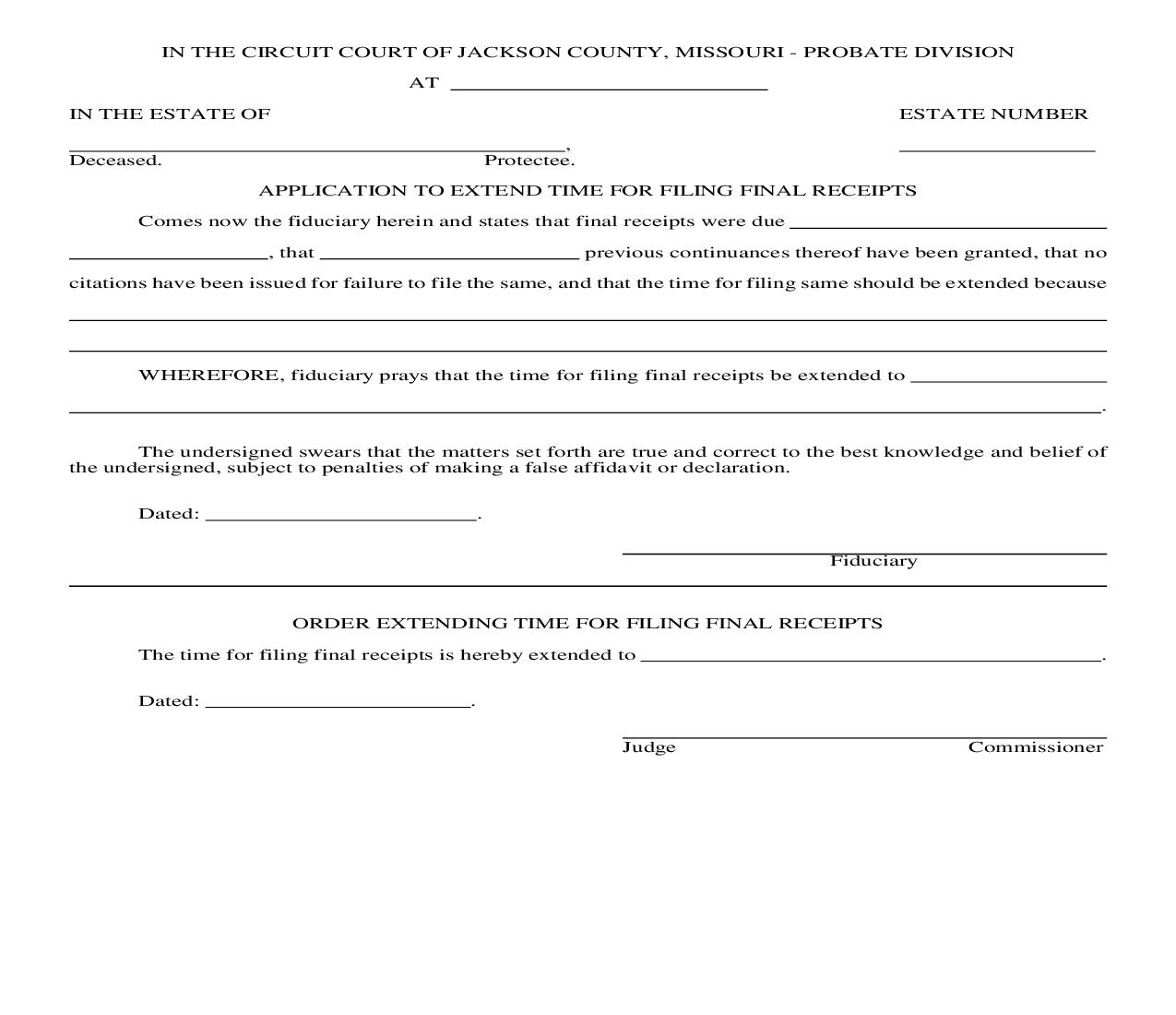 Application To Extend Time For Final Receipts {10572} | Pdf Fpdf Doc Docx | Missouri