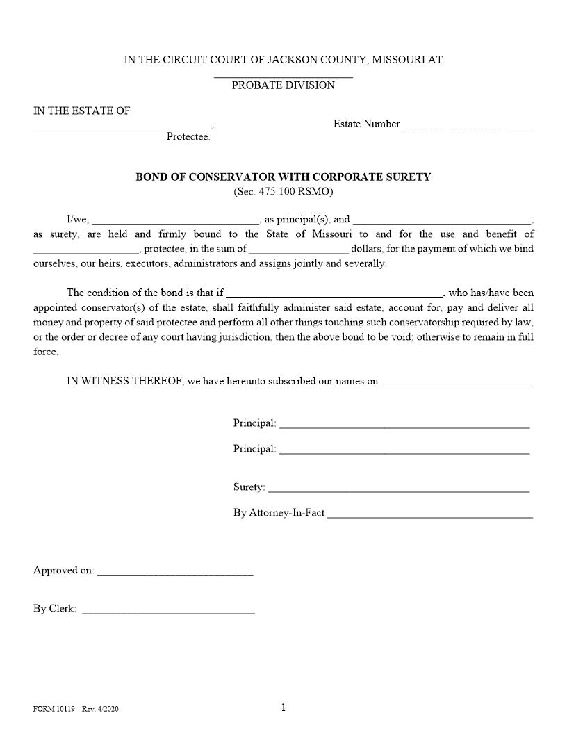 Bond Of Conservator With Corporate Surety {10119} | Pdf Fpdf Docx | Missouri