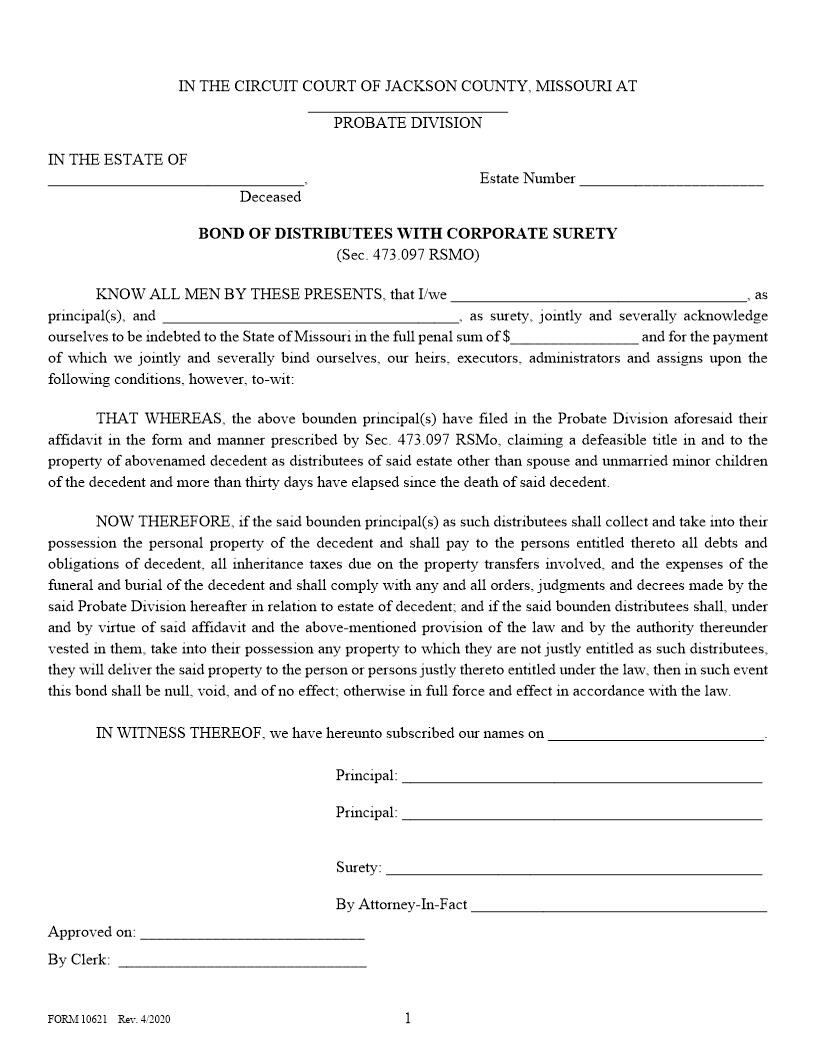 Bond Of Distributees With Corporate Surety {10621} | Pdf Fpdf Doc Docx | Missouri