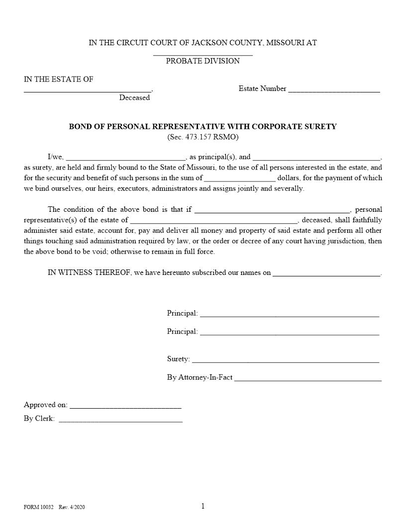 Bond Of Personal Representative With Corporate Surety {10032} | Pdf Fpdf Doc Docx | Missouri
