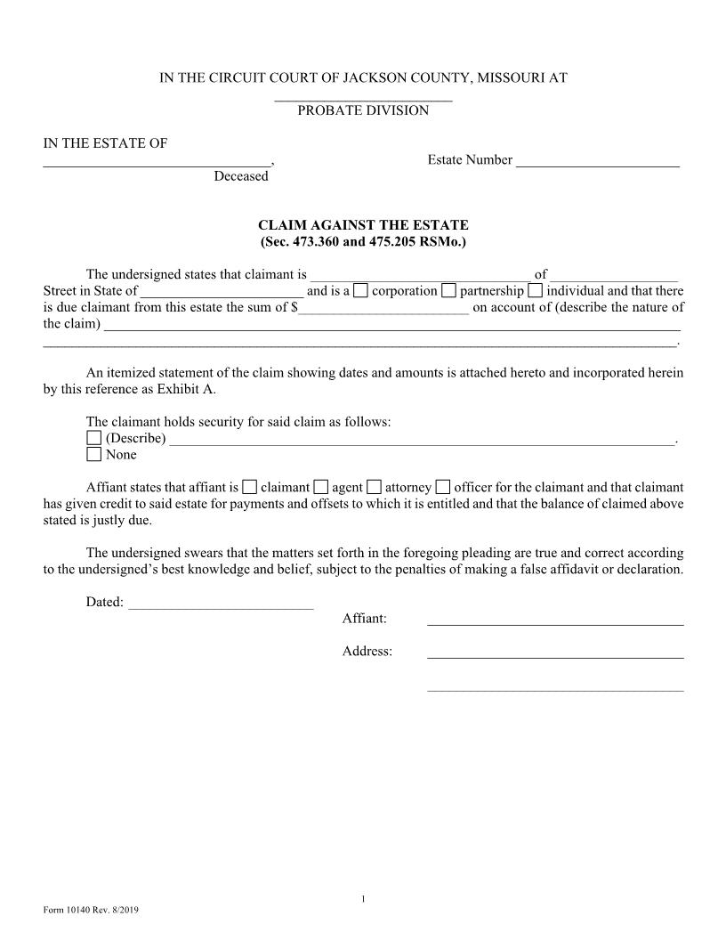 Claim Against Estate {10140} | Pdf Fpdf Doc Docx | Missouri