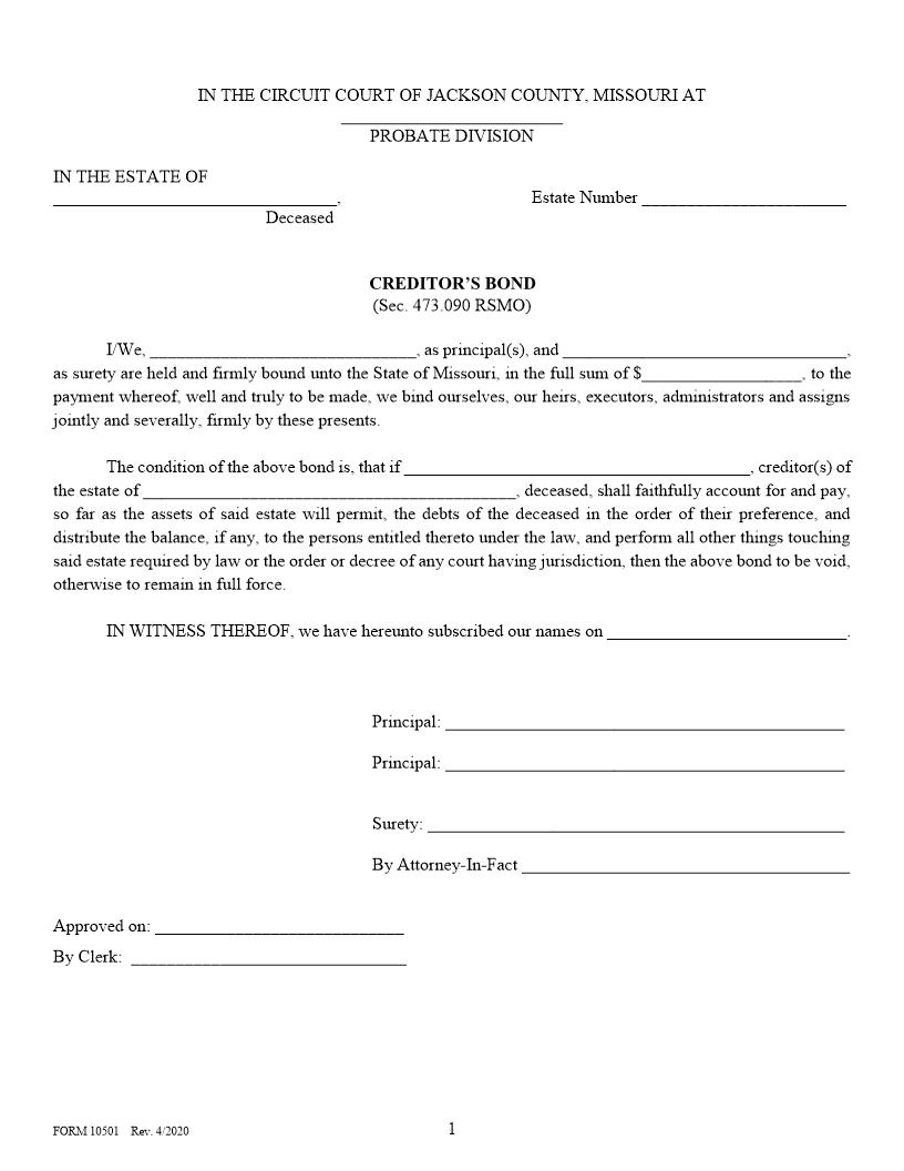 Creditors Bond {10501} | Pdf Fpdf Doc Docx | Missouri