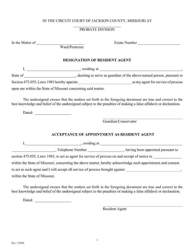 Designation Of Resident Agent Of Ward | Pdf Fpdf Docx | Missouri