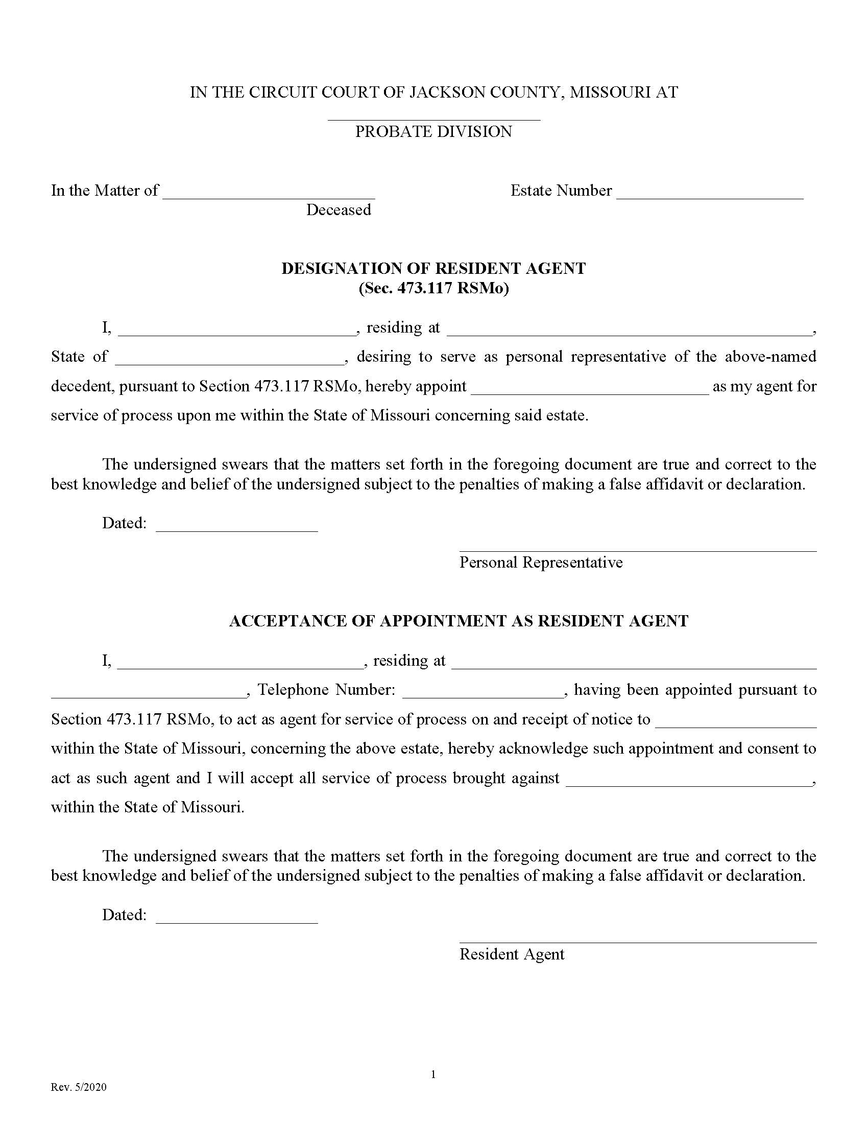 Designation Of Resident Agent | Pdf Fpdf Doc Docx | Missouri
