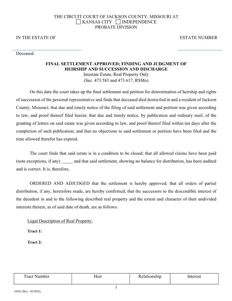 Final Settlement Approved - Finding And Judgment Of Heirship And Succession And Discharge {10585} | Pdf Fpdf Doc Docx | Missouri
