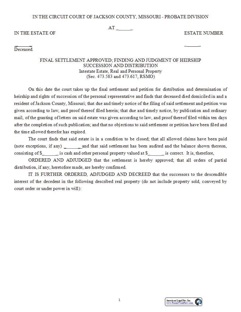 Final Settlement Approved - Finding And Judgment Of Heirship Succession And Distribution {10586} | Pdf Fpdf Docx | Missouri
