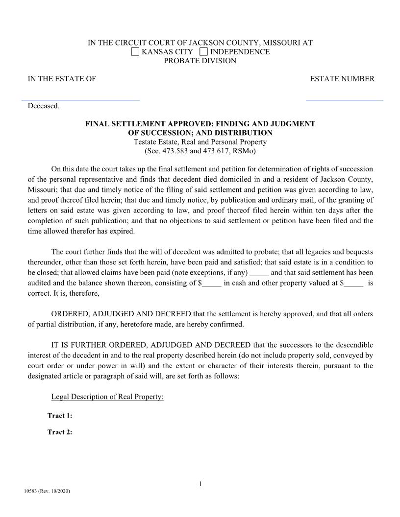 Final Settlement Approved - Finding And Judgment Of Succession - And Distribution {10583} | Pdf Fpdf Doc Docx | Missouri