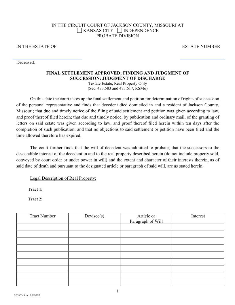 Final Settlement Approved - Finding And Judgment Of Succession -Judgment Of Discharge {10582} | Pdf Fpdf Doc Docx | Missouri