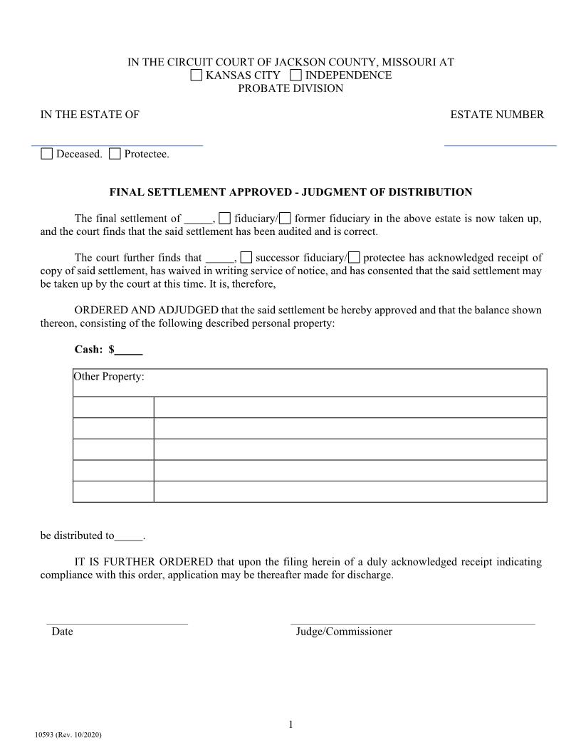 Final Settlement Approved - Judgment Of Distribution {10593} | Pdf Fpdf Doc Docx | Missouri