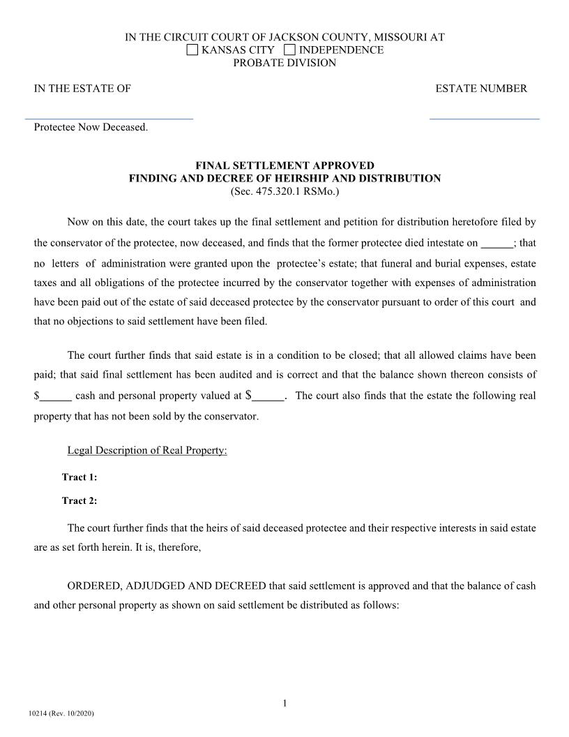Final Settlement Approved Finding And Decree Of Heirship And Distribution {10214} | Pdf Fpdf Doc Docx | Missouri