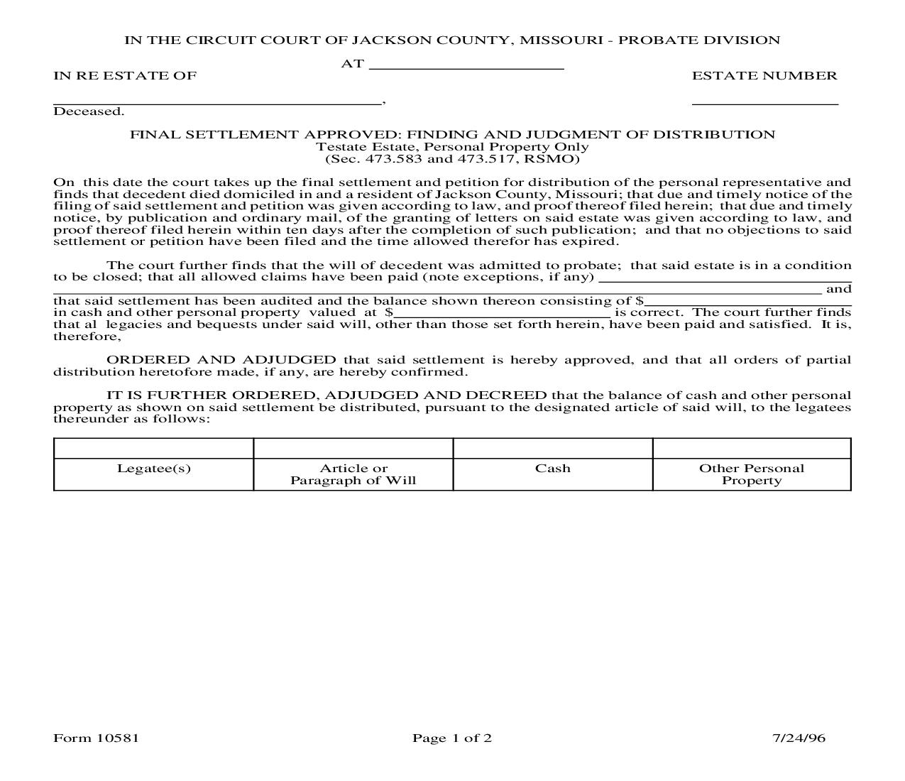 Final Settlement Approved Finding And Judgment Of Distribution {10581} | Pdf Fpdf Doc Docx | Missouri