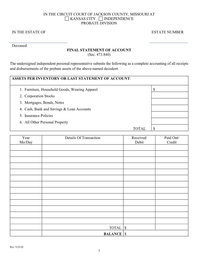 Final Statement Of Account | Pdf Fpdf Docx | Missouri